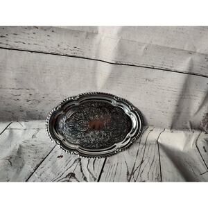 SILVER STAINLESS METAL FORAL FANCY DRINK FOOD DECORATIVE OVAL SERVING TRAY 6 X 9